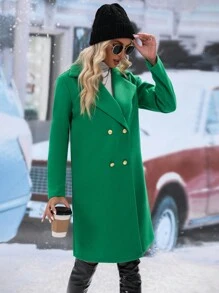 EMERY ROSE Lapel Neck Double Breasted Overcoat,Ladies Late Fall Regular Fit Green Women Overcoats,Casual Daily Wear