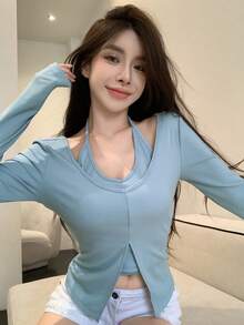 DAZY Solid Split Hem 2 In 1 Tee Long Sleeve Women - Blue - View 4