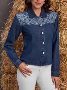 EMERY ROSE 休閒前紐扣佩斯利花紋女士牛仔夾克 & 外套 - 深色水洗藍 - 查看 5