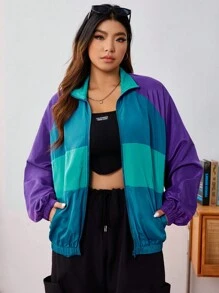 SHEIN EZwear Hơn Khối màu Tay Raglan Dây kéo Windbreaker Jacket - Nhiều màu - Xem 3