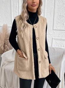 SHEIN LUNE Flap Pocket Button Front Teddy Vest Coat - Khaki - View 4