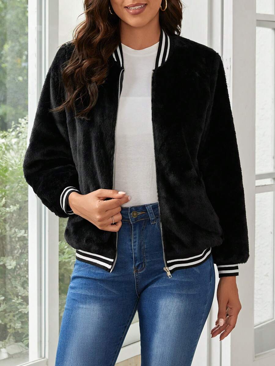 EMERY ROSE Striped Trim Zip Up Fuzzy Coat - Black - View 1