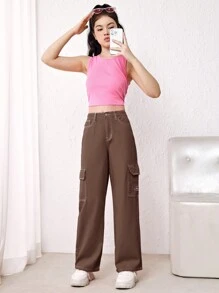 SHEIN 青少年女孩側翻蓋口袋工裝牛仔褲 - 棕色 - 查看 6