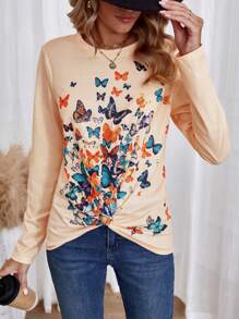 SHEIN LUNE 蝴蝶圖案扭結下擺T恤 - 橘色 - 查看 1