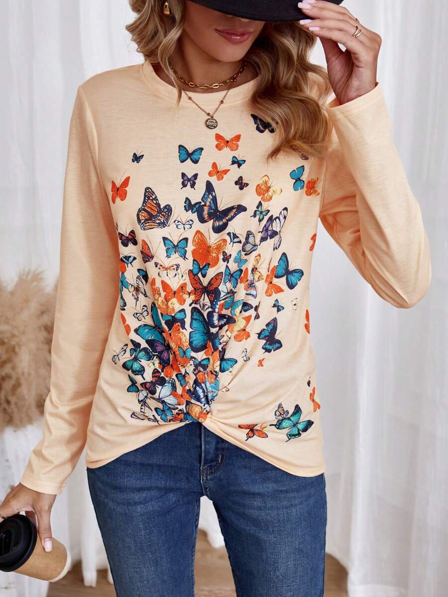 SHEIN LUNE 蝴蝶圖案扭結下擺T恤 - 橘色 - 查看 1