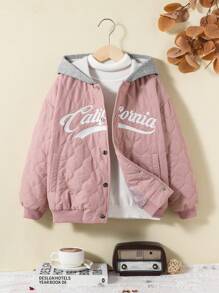 SHEIN Tween Girl 1pc Letter Graphic Drop Shoulder Hooded Jacket - Pink - View 1