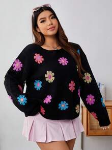 SHEIN Qutie 大碼花卉圖案落肩袖套頭毛衣 - 彩色 - 查看 3