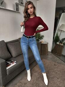 SHEIN Essnce 素色條紋針織T恤 - 酒紅色 - 查看 5