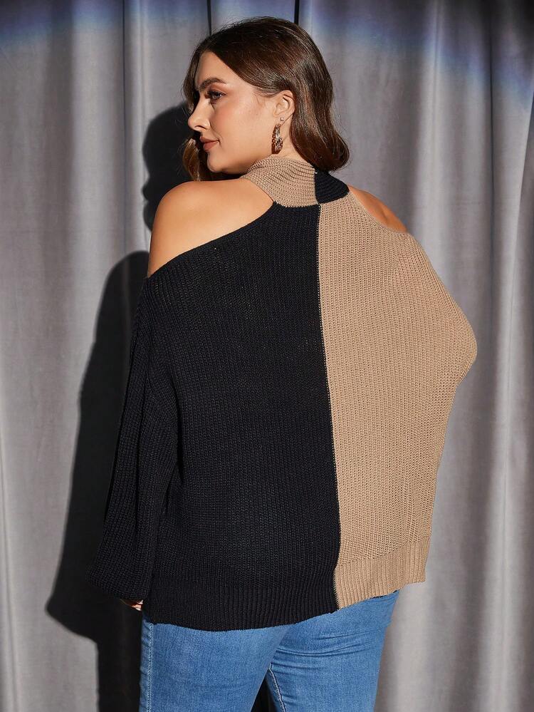 Plus Two Tone Crisscross Halter Neck Lantern Sleeve Sweater Knit Pullover Fall Winter Sweater