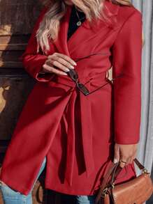 SHEIN LUNE Plus Lapel Neck Double Button Belted Overcoat - Red - View 5