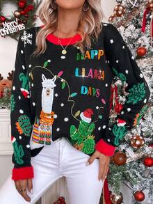 SHEIN LUNE 圣诞图案撞色滚边针织套头衫秋冬毛衣 - 彩色 - 查看 3