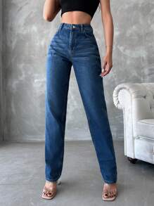 EURMUSE High Waist Straight Leg Jeans - Navy Blue - View 4