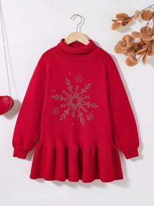 SHEIN Tween Girl Turtleneck Graphic Pattern Ruffle Hem Sweater Dress - Red - View 1