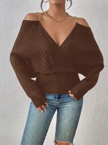 SHEIN Essnce Chain Detail Cold Shoulder Batwing Sleeve Sweater - Brown - View 7