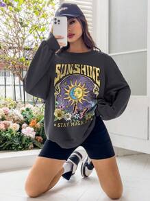 SHEIN EZwear Moletom Oversized Feminino de Manga Longa com Gola Careca, Padrão de Letra e Borboleta Casual, Outono/Inverno - Chumbo - Visão 9