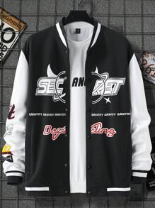 Manfinity LEGND Men Plus 1pc Letter Graphic Two Tone Striped Trim Varsity Jacket - Black - View 6