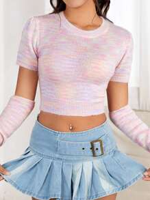 SHEIN EZwear Space Dye Crop Sweater With Arm Sleeves - Pink - View 4