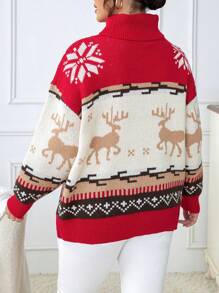 Calvaya 加上圣诞节图案高领落肩毛衣新年衣服 - 紅色 - 查看 2