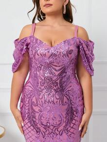 Plus Cold Shoulder Mermaid Hem Sequin Formal Dress - Purple - View 7