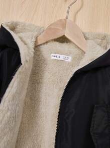 SHEIN 女大童字母補丁細節腰部抽繩連帽加絨內裏外套 - 黑色 - 查看 3