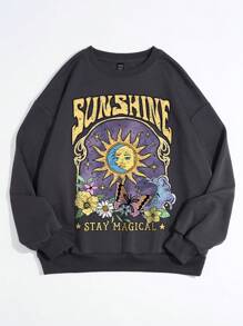 SHEIN EZwear Moletom Oversized Feminino de Manga Longa com Gola Careca, Padrão de Letra e Borboleta Casual, Outono/Inverno - Chumbo - Visão 6