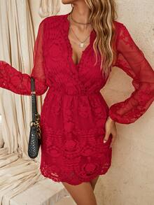 Eilly Bazar Surplice Neck Lantern Sleeve Embroidery Mesh Dress - Red - View 6