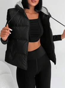 Zip Up Drawstring Hooded Puffer Vest Coat