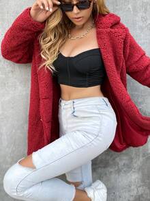 Eilly Bazar Solid Lapel Neck Teddy Coat - Burgundy - View 6