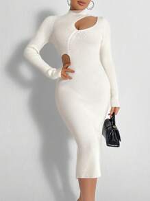 Chiquease Vestido de punto ajustado con abertura de cuello alto - Blanco - Ver 5