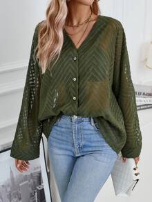 Aveloria 素色前紐扣落肩袖襯衫 - 墨綠色 - 查看 3