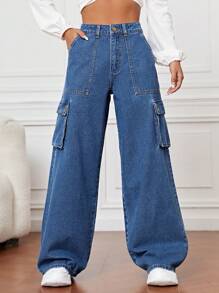 翻蓋口袋工裝牛仔褲 - 中等水洗藍 - 查看 1