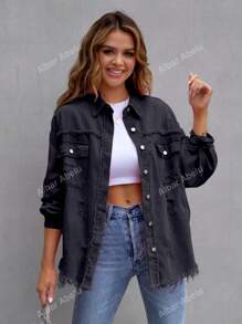 Camisa de mezclilla de manga larga con ajuste holgado, borde deshilachado y rasgado para mujer
