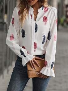 SHEIN LUNE 羽毛印花喇叭袖襯衫 - 白色 - 查看 6