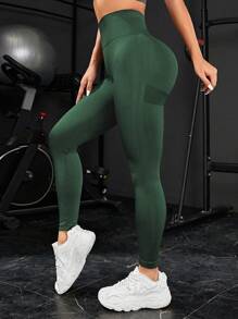Easithlete Leggings de yoga inconsútil de cintura ancha de moldeador cadera Medias de entrenamiento - Verde Oscuro - Ver 3
