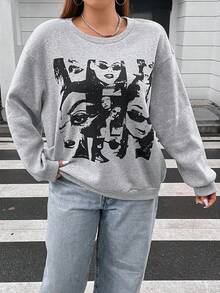 Flirla 大碼人像圖案落肩袖運動衫 - 淺灰色 - 查看 4