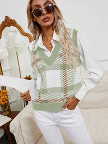 SHEIN Essnce 格紋圖案毛衣背心不帶襯衫 - 薄荷綠 - 查看 5