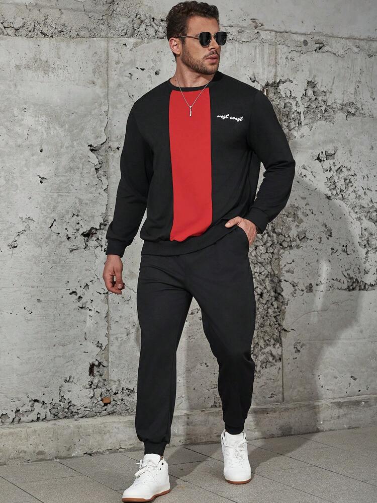 Men Plus Letter Graphic Colorblock Sweatshirt & Sweatpants