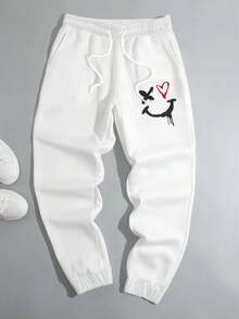 Manfinity Men Loose Heart & Expression Print Drawstring Waist Sweatpants - White - View 3