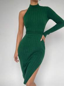 BizChic One Shoulder Split Thigh Sweater Dress - Green - View 1