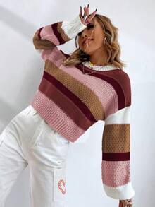 SHEIN Unity Color Block Striped Pattern Drop Shoulder Sweater - Burgundy - View 7