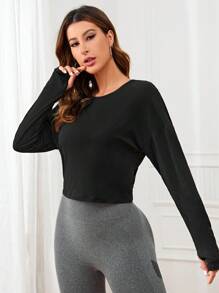 SHEIN Daily&Casual Cắt bỏ trở lại Thả vai Áo thun thể thao - màu đen - Xem 6