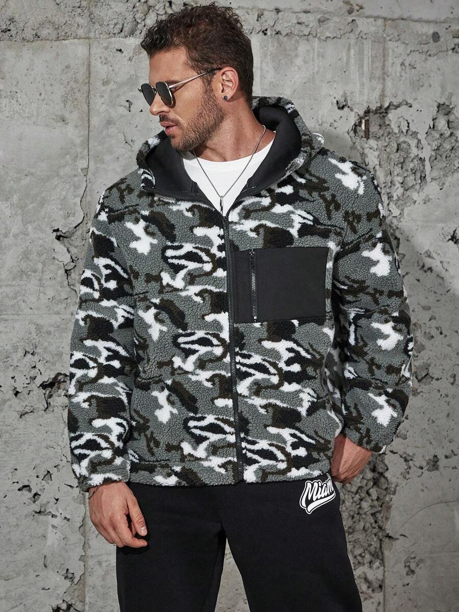 Manfinity Homme Loose Fit Men Plus Size Camo Print Zip Up Hooded Jacket - Black - View 1