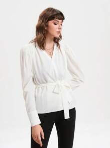 GENKIRA Sólido Com Cinto Blusa De Embrulho - Branco - Visão 1