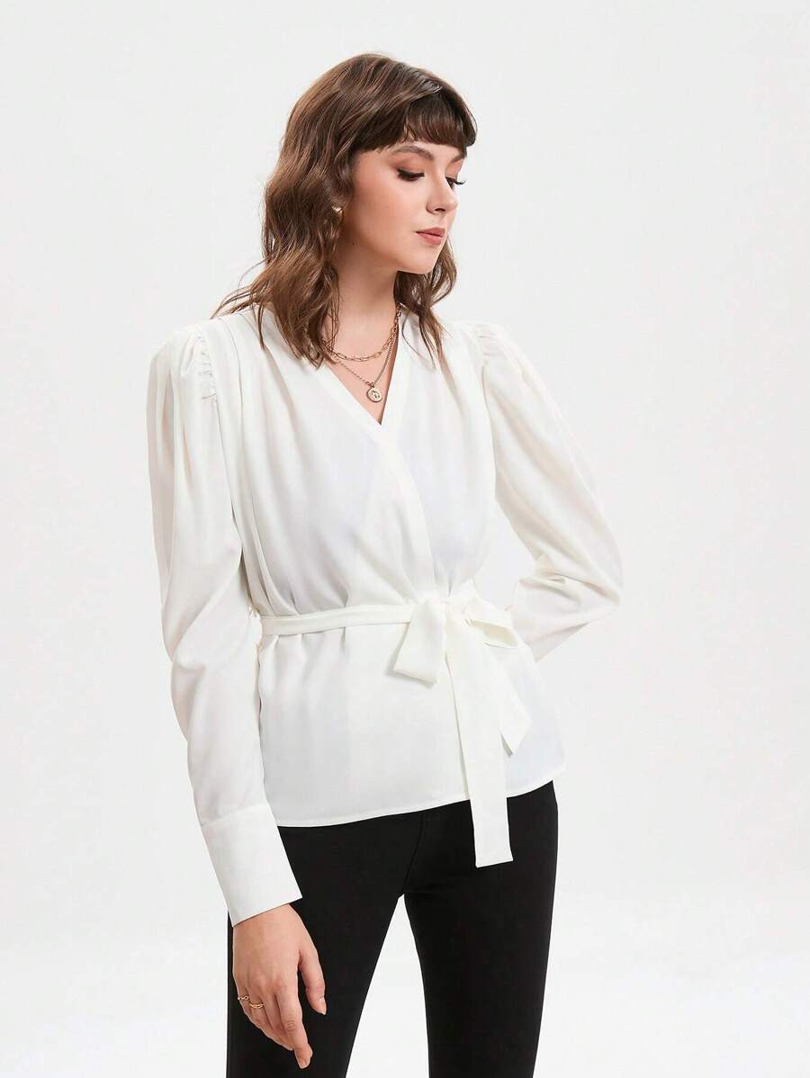GENKIRA Sólido Com Cinto Blusa De Embrulho - Branco - Visão 1