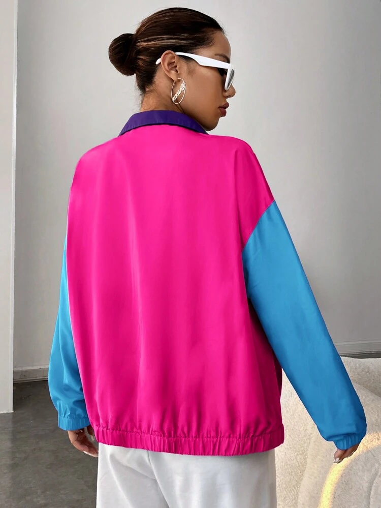 Colorblock Zip Up Drop Shoulder Jacket In Fall/Winter