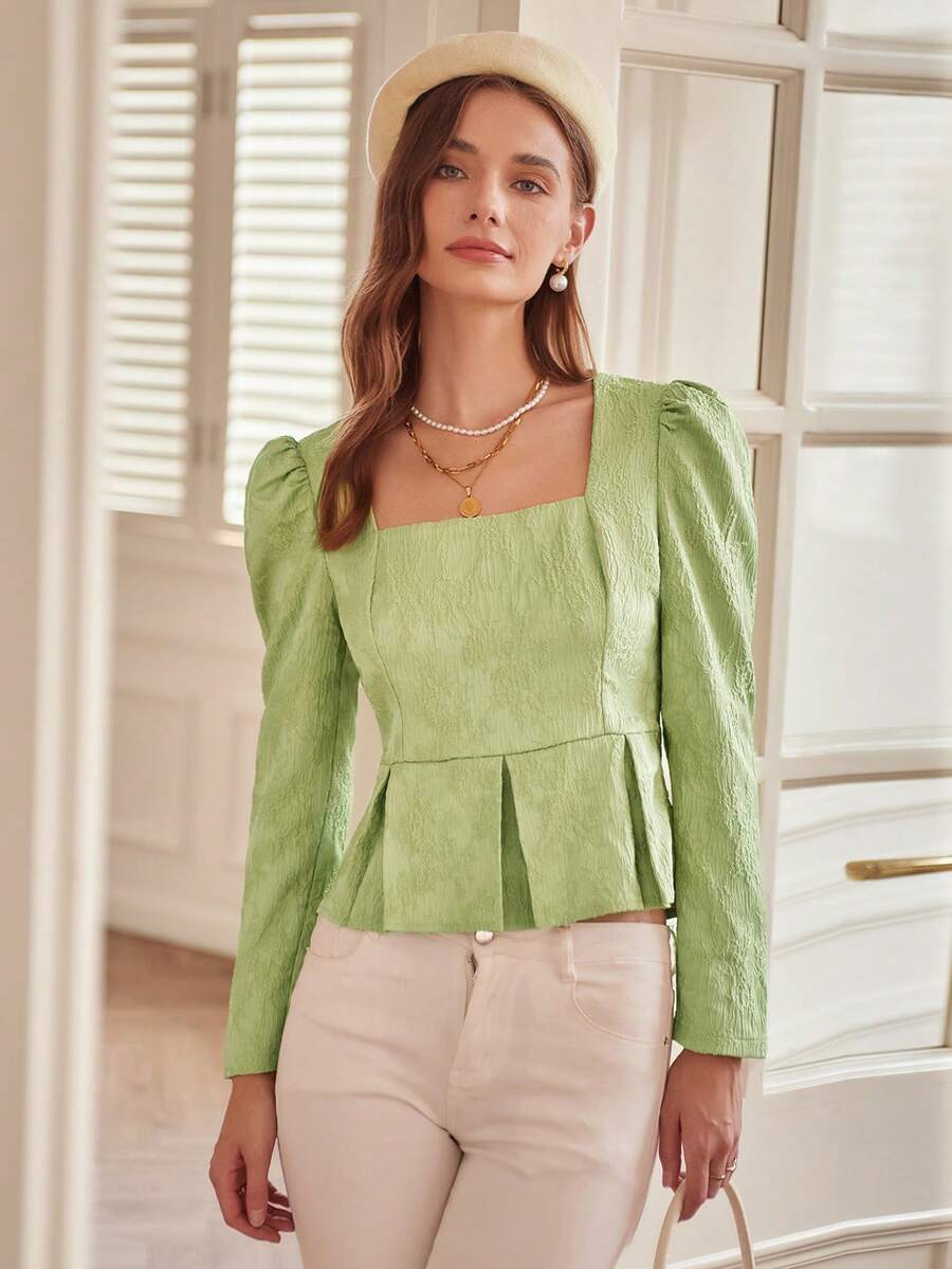 SHEIN Privé Square Neck Puff Sleeve Fold Pleated Detail Peplum Blouse - Green - View 1