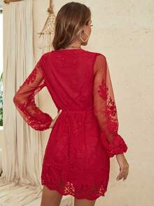 Eilly Bazar Surplice Neck Lantern Sleeve Embroidery Mesh Dress - Red - View 2