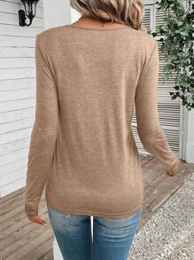 SHEIN Frenchy Solid Lace Trim Tee Casual - Khaki - View 2