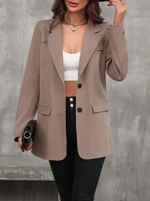 SHEIN Clasi Cổ áo Ngực đơn Áo vest - Xám - Xem 3