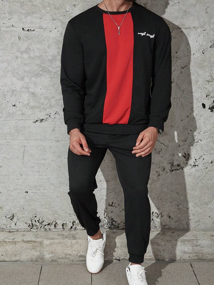 Men Plus Letter Graphic Colorblock Sweatshirt & Sweatpants